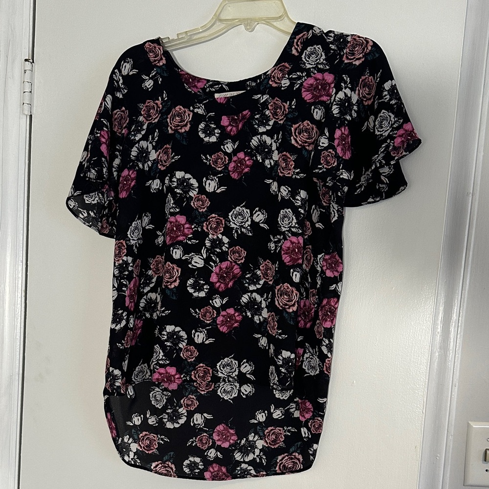 Pink Rose Black and Pink Floral Blouse